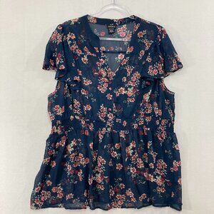 Torrid Top size 3X Navy Floral Sheer Flutter Sleeve V Neck Top Feminine Elegant